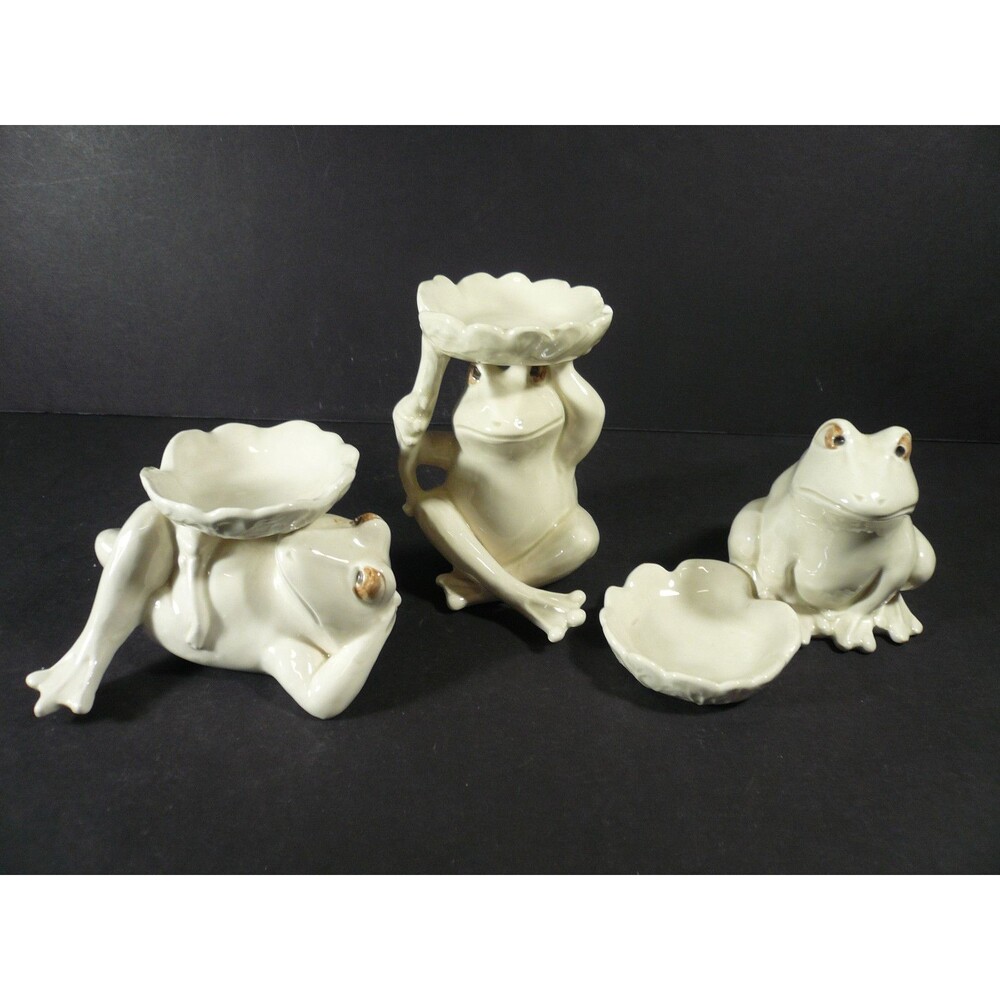Vtg Set of 3 White Frog with Leaf Bowls Tea Light Candle Holders or Trinket Dish